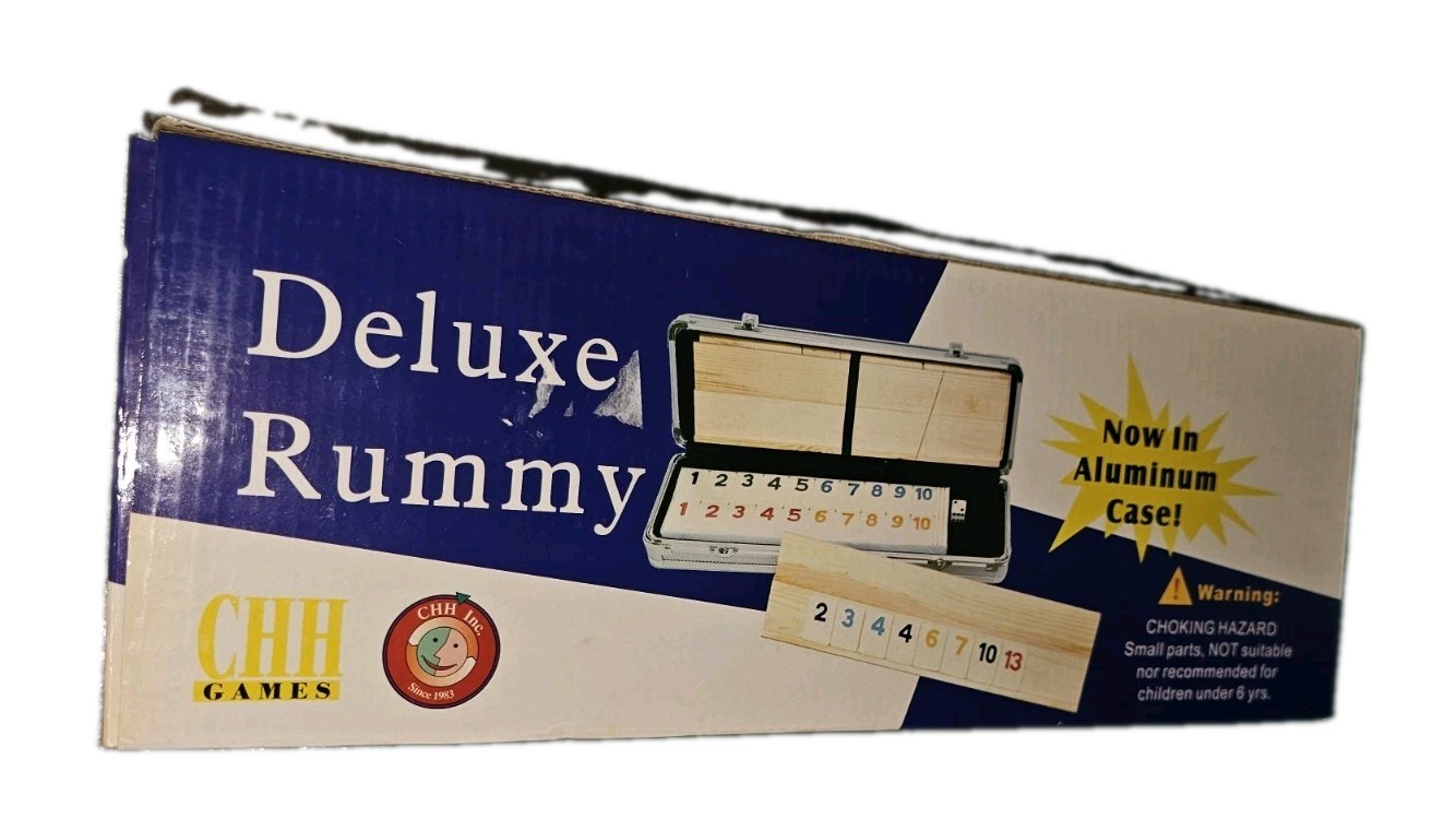 CHH Games Deluxe Rummy Tile Game Aluminum Case Wooden Racks NEW Complete 5017AL