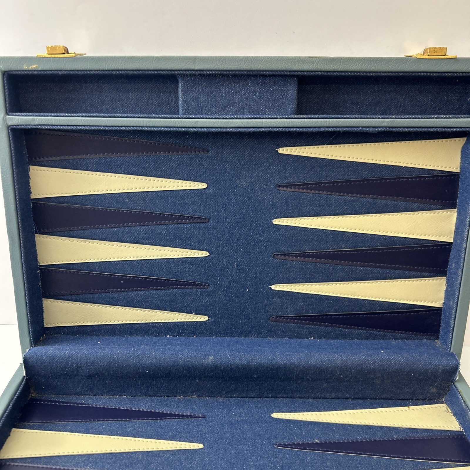 Vintage Backgammon Set Blue Corduroy Case Blue White Bakelite Chips 15” X 20”