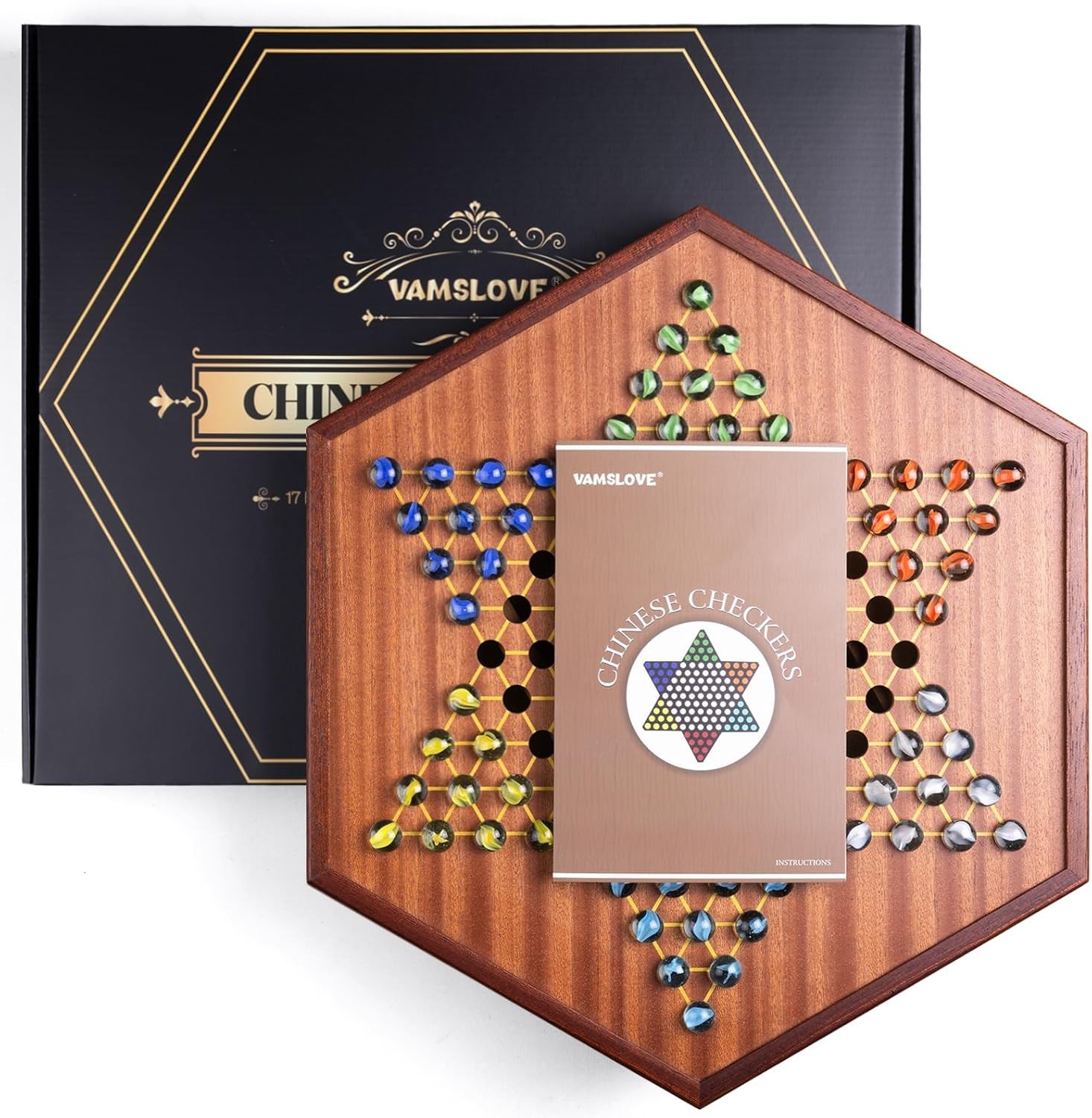 Large 17″ Chinese Checkers Board Game for 2-6 Player Wooden Game Board, 16Mm 60+