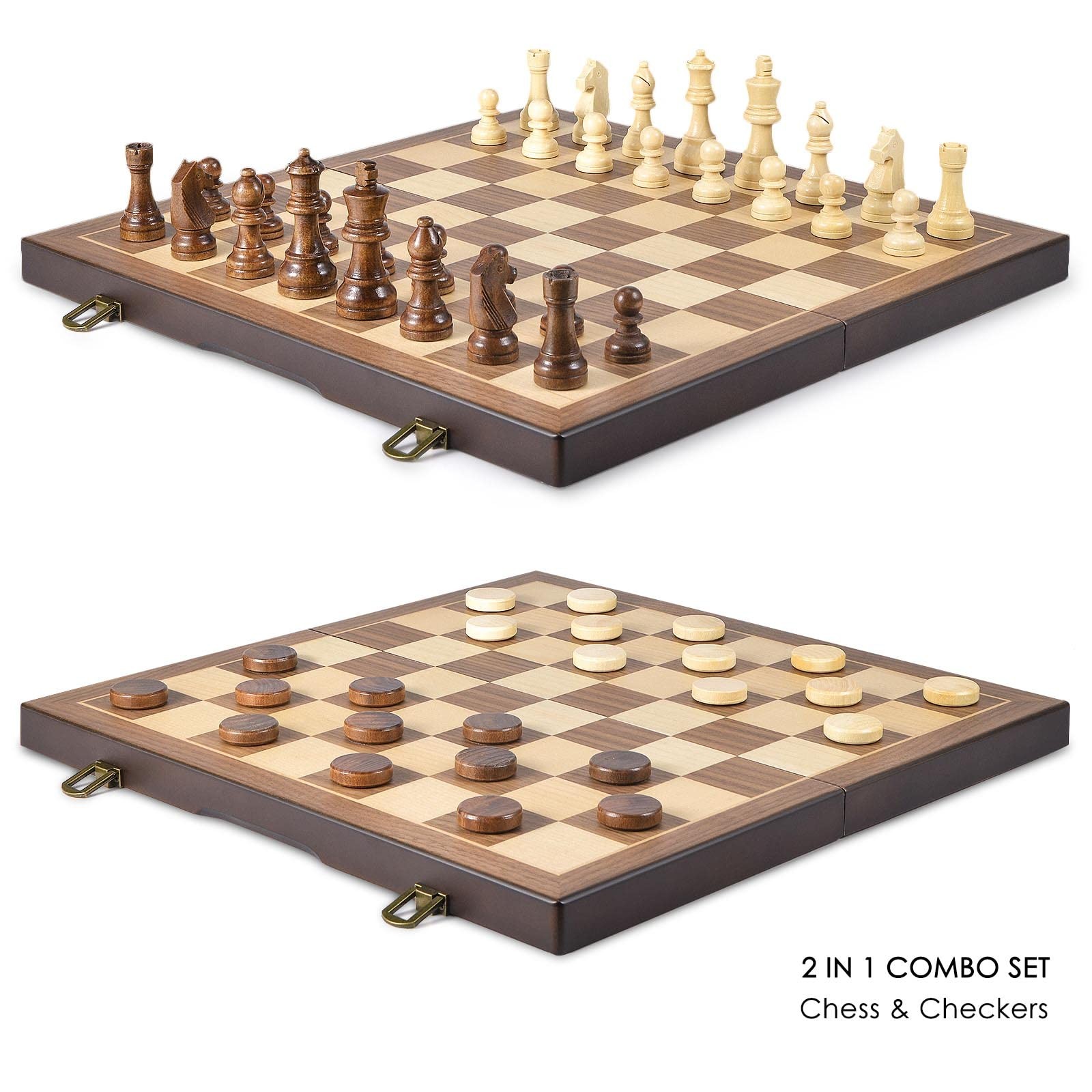 Magnetic Wooden Chess and Checkers Game Set, 15 Inches (2 in 1) Chess Board G…