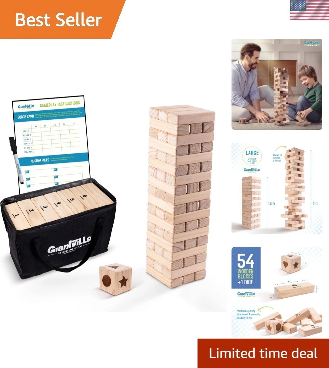 Entertainment for All Ages: 54-Piece Timber Tower Game in Durable Pine Wood