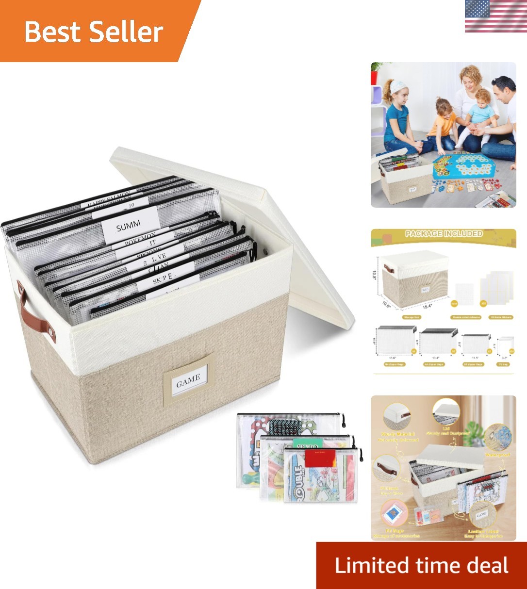 Elegant Board Game Storage with 12 Zipper Bags & Custom Stickers – Modern Design