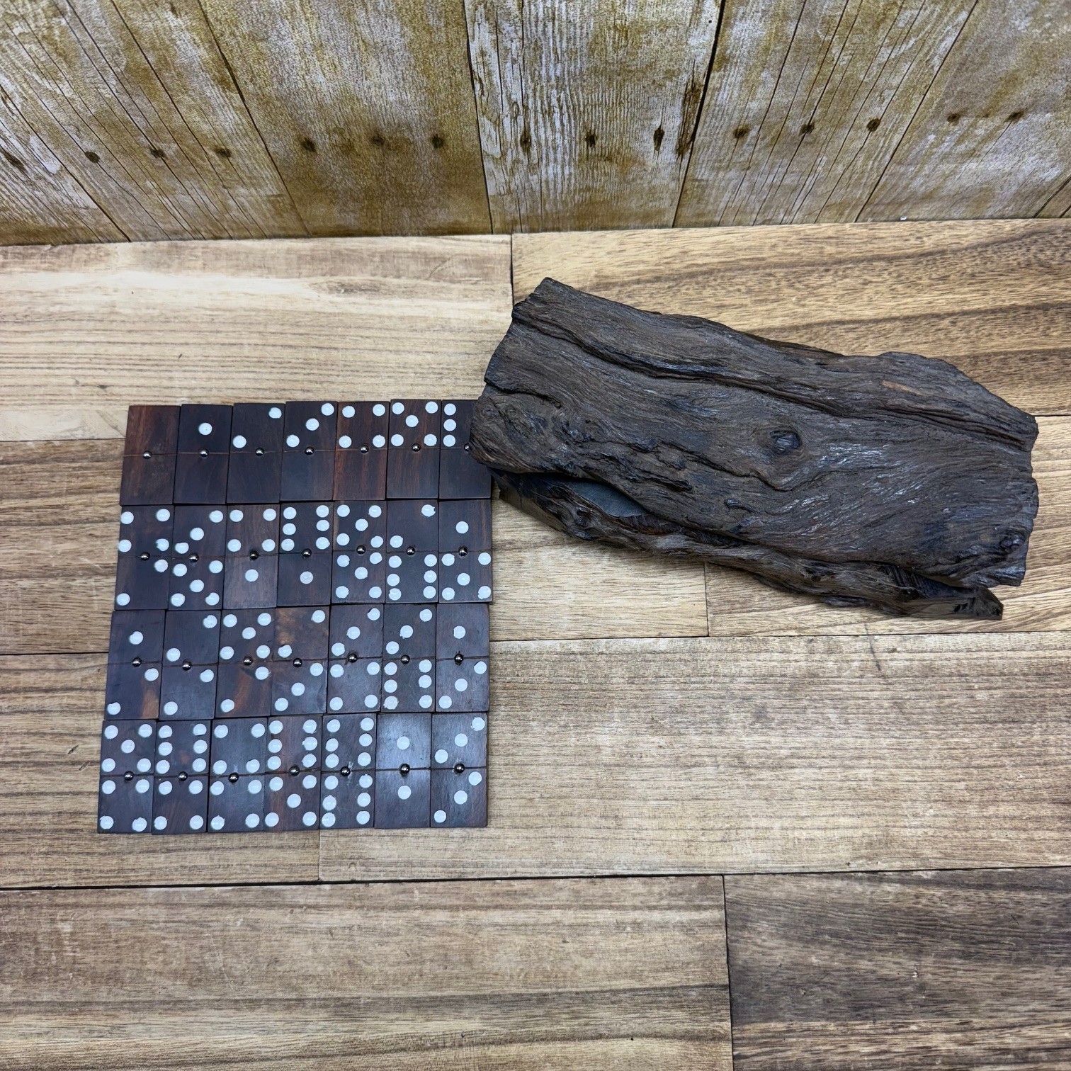 VTG Wood Hand Made Ironwood Dominos Set of 28 Tiles Rustic Log Case Complete