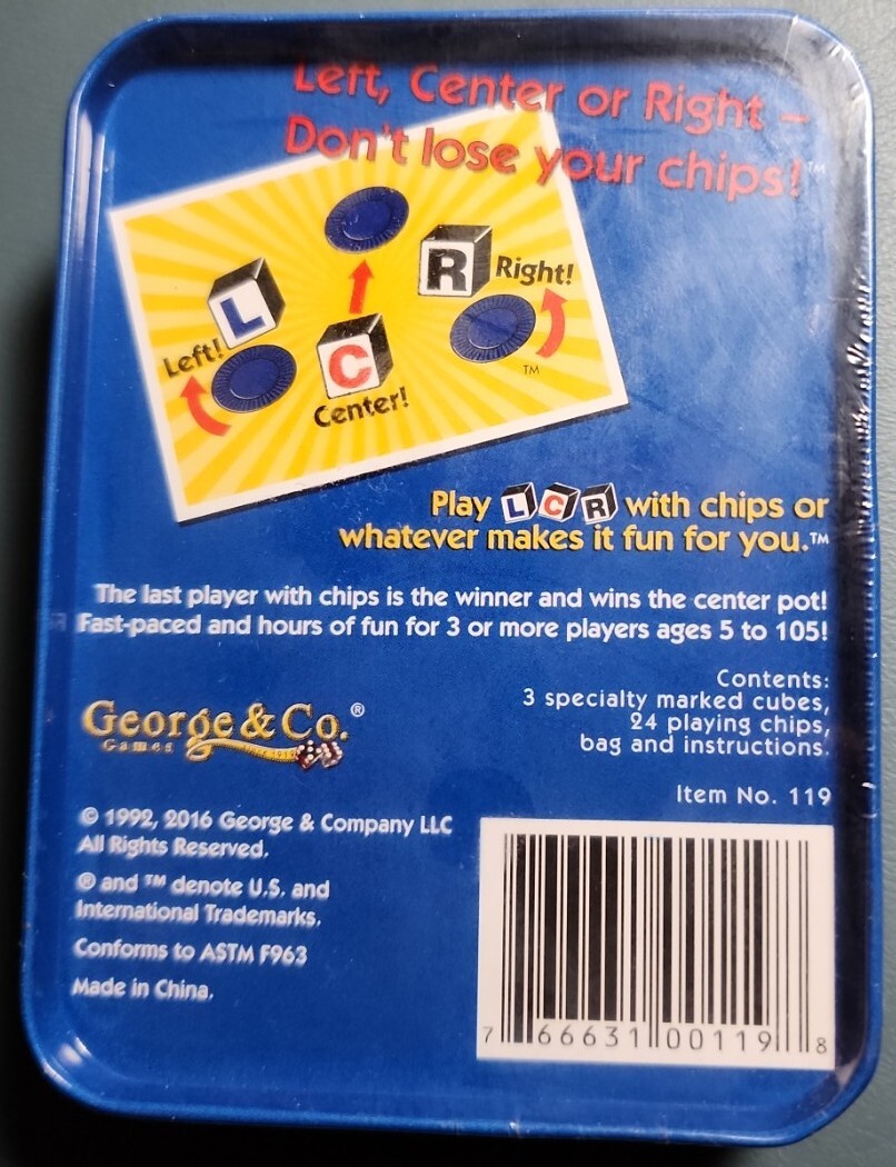 LCR® Left Center Right™ Dice Game – Blue Tin NEW SEALED