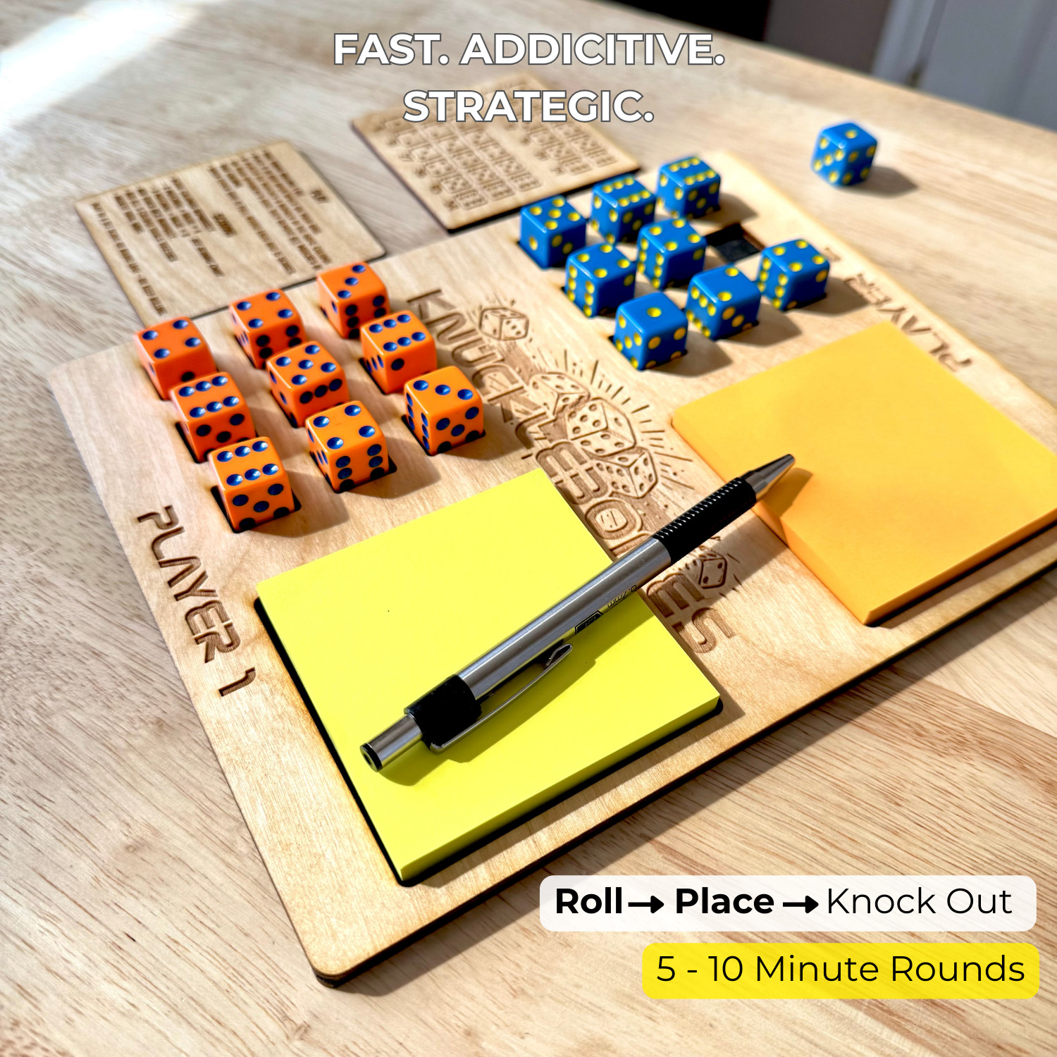 Handcrafted Wooden Knucklebones Dice Game – 2 Player Strategy Board w/ 18 Dice