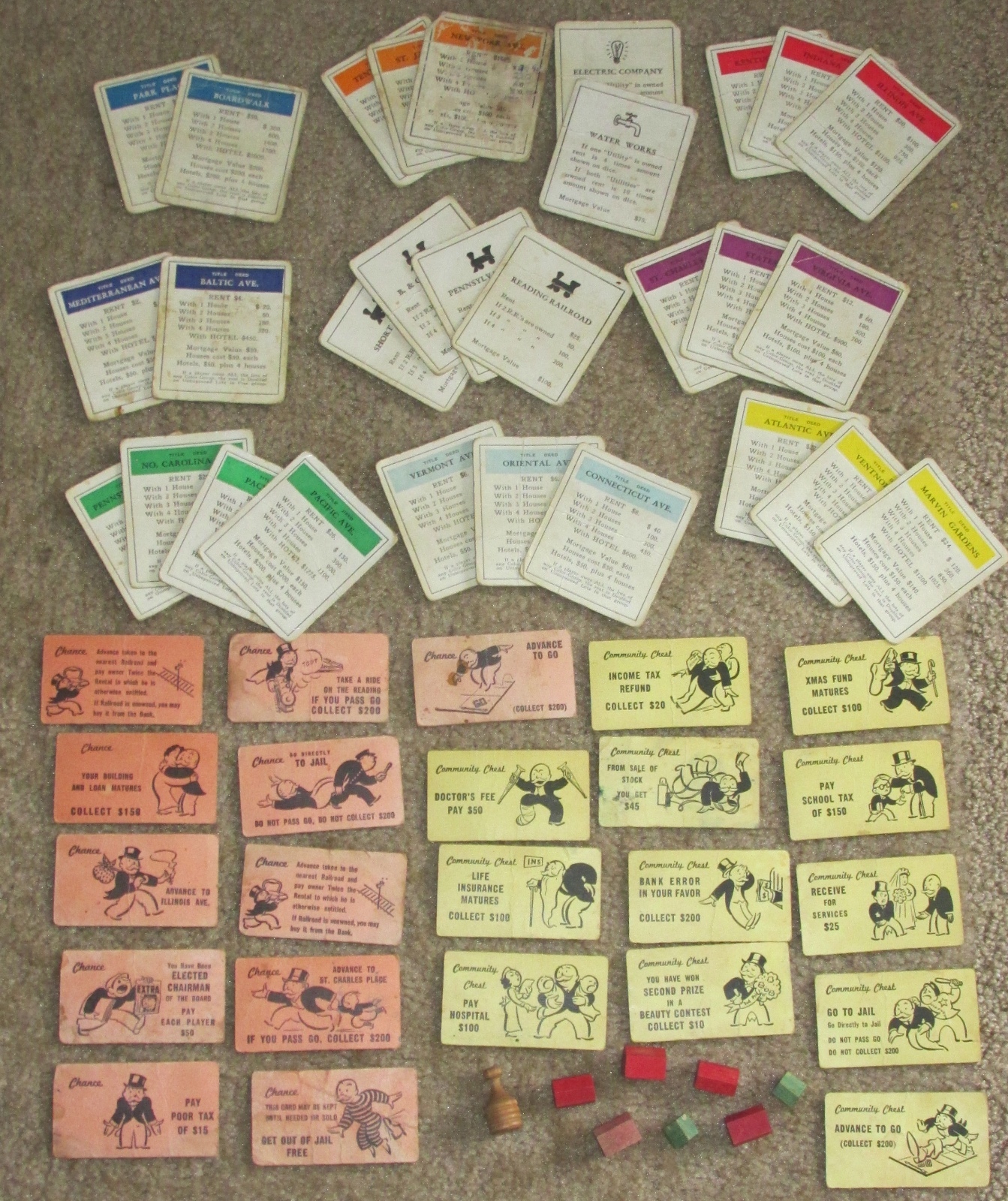 Vintage Monopoly Cards, 2 Wooden Tokens & 24 Wooden Buildings ~1950’s-60’s~Used