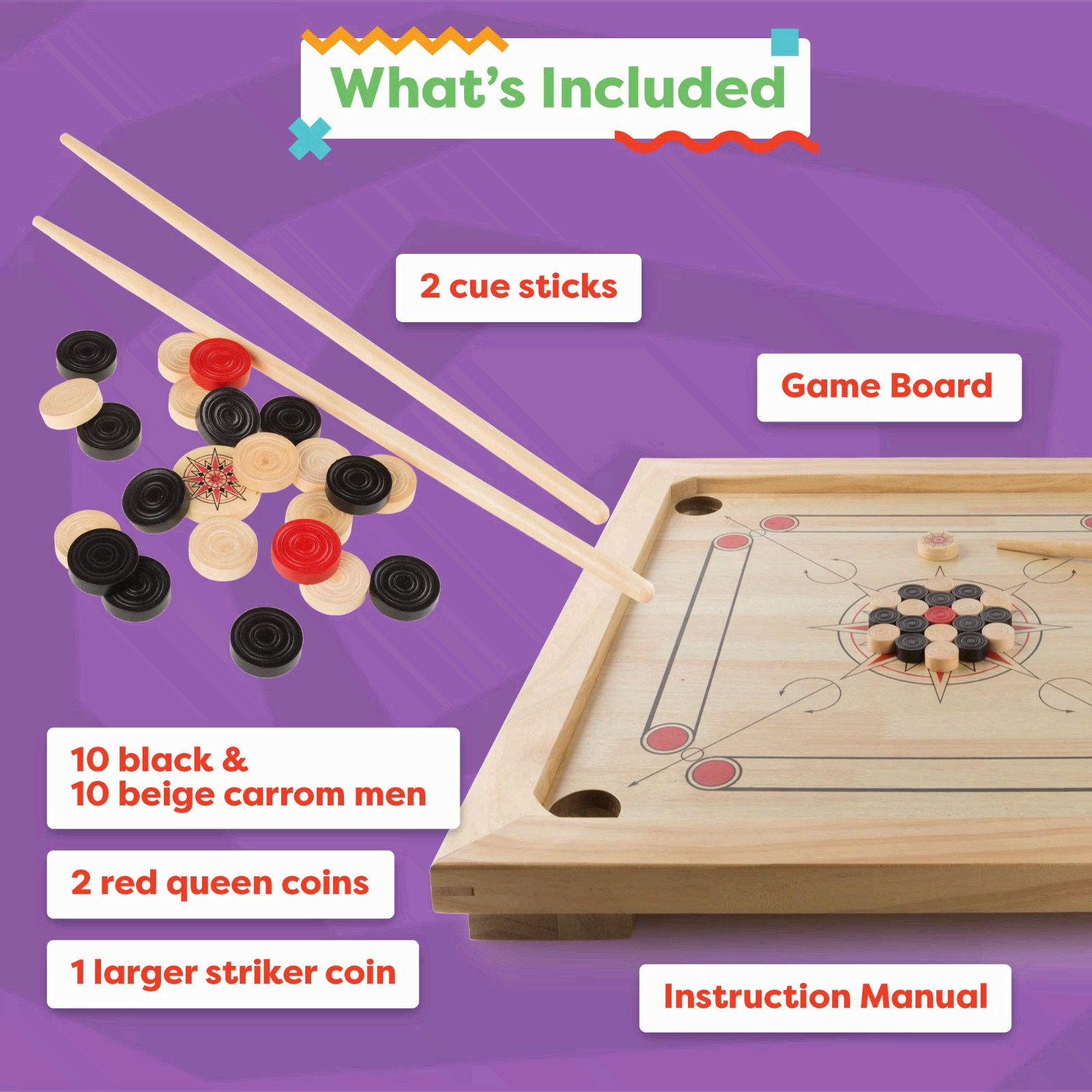 Rockin’ Rollers Carrom Board Game with Coins and Strikers, Wooden Board Game Set