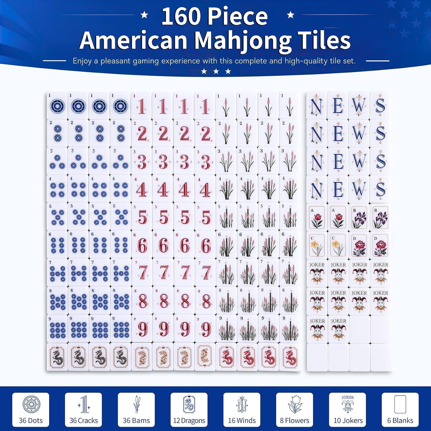 Vintage Americana American Mahjong Tile Set, 160 Engraved Melamine Mahjong Tiles