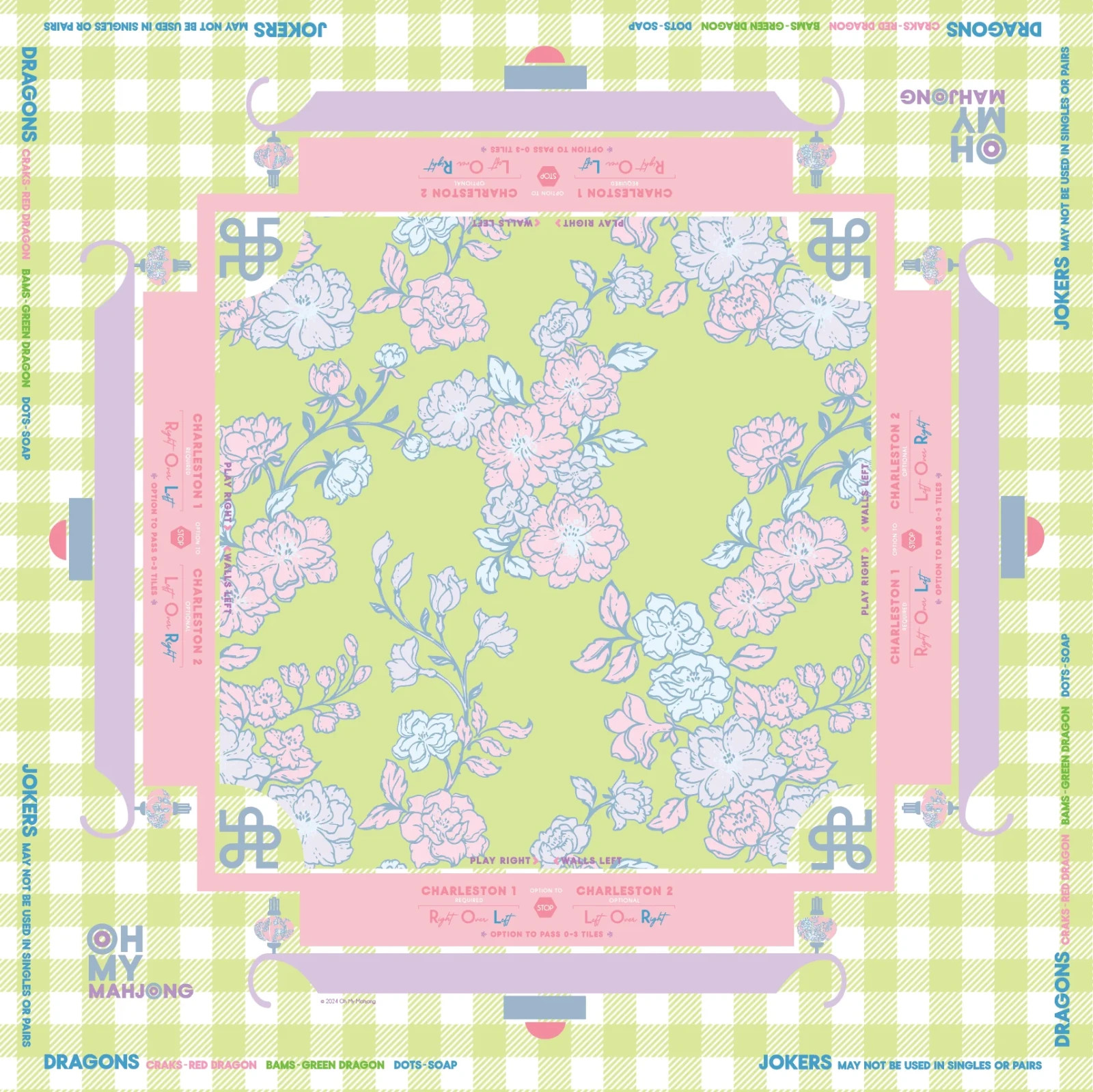 80x80cm Thickened Mahjong Table Mat – Green Checkered Flowers Mat With Carry Bag