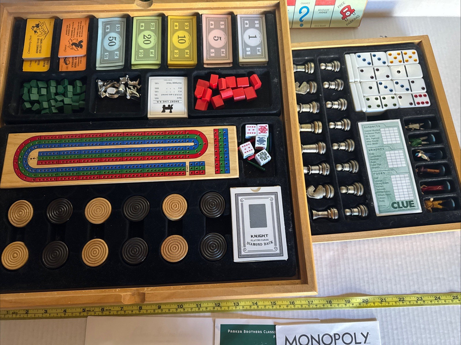 Deluxe Solid Wood Cabinet Monopoly + Clue + 6 Classic Games Chess Checkers Cards
