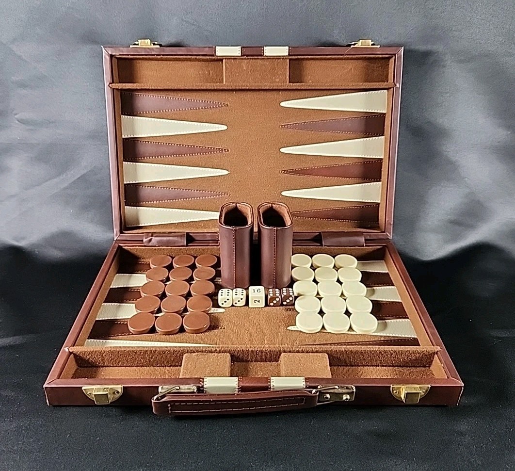 Vintage Backgammon Set Travel Case Leatherette Complete w Dice Cups 1950s 60s