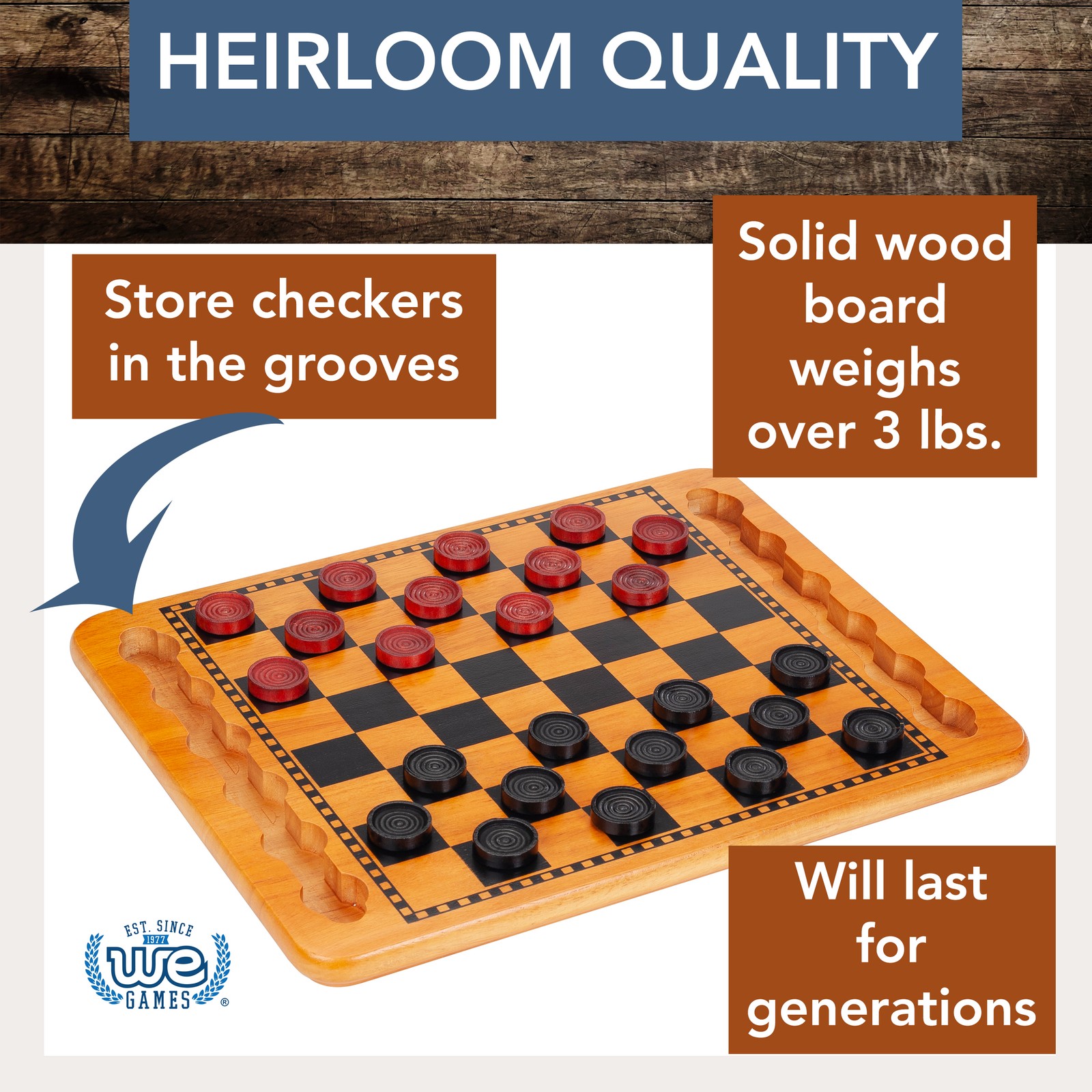 WE Games Traditional Red & Black Checkers Set, Solid Wood Board with Grooves