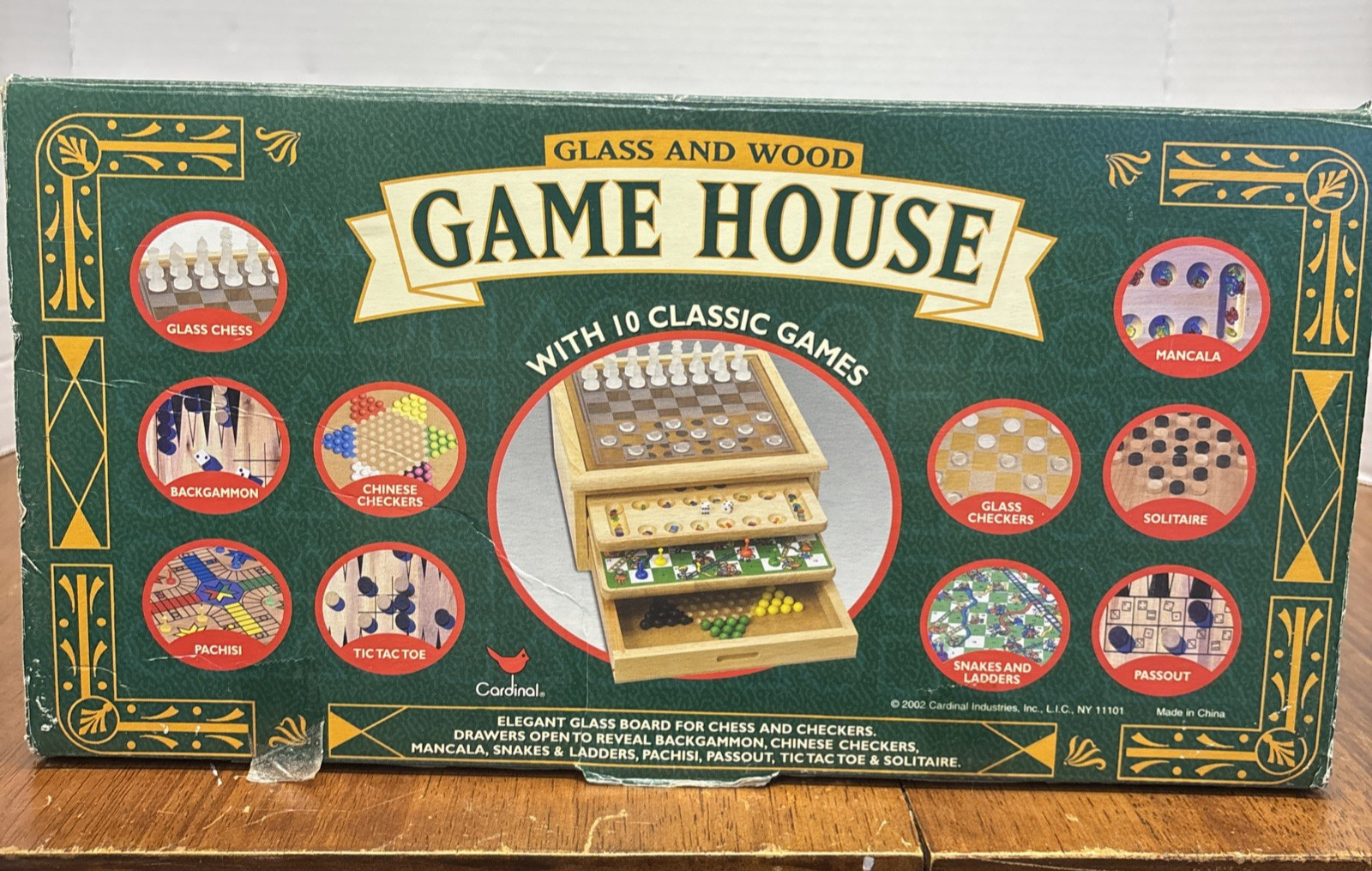 Cardinal 2002 GAME HOUSE 10 Classic Games WOOD Boards & Box Chess Checkers Pachi