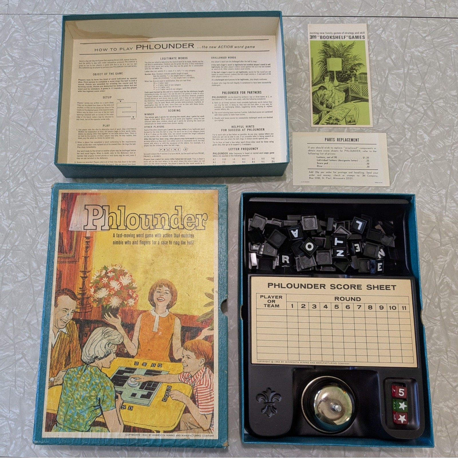 Vintage 1962 Phlounder 3M Bookshelf Game Word Action Game Complete 2-4 Players