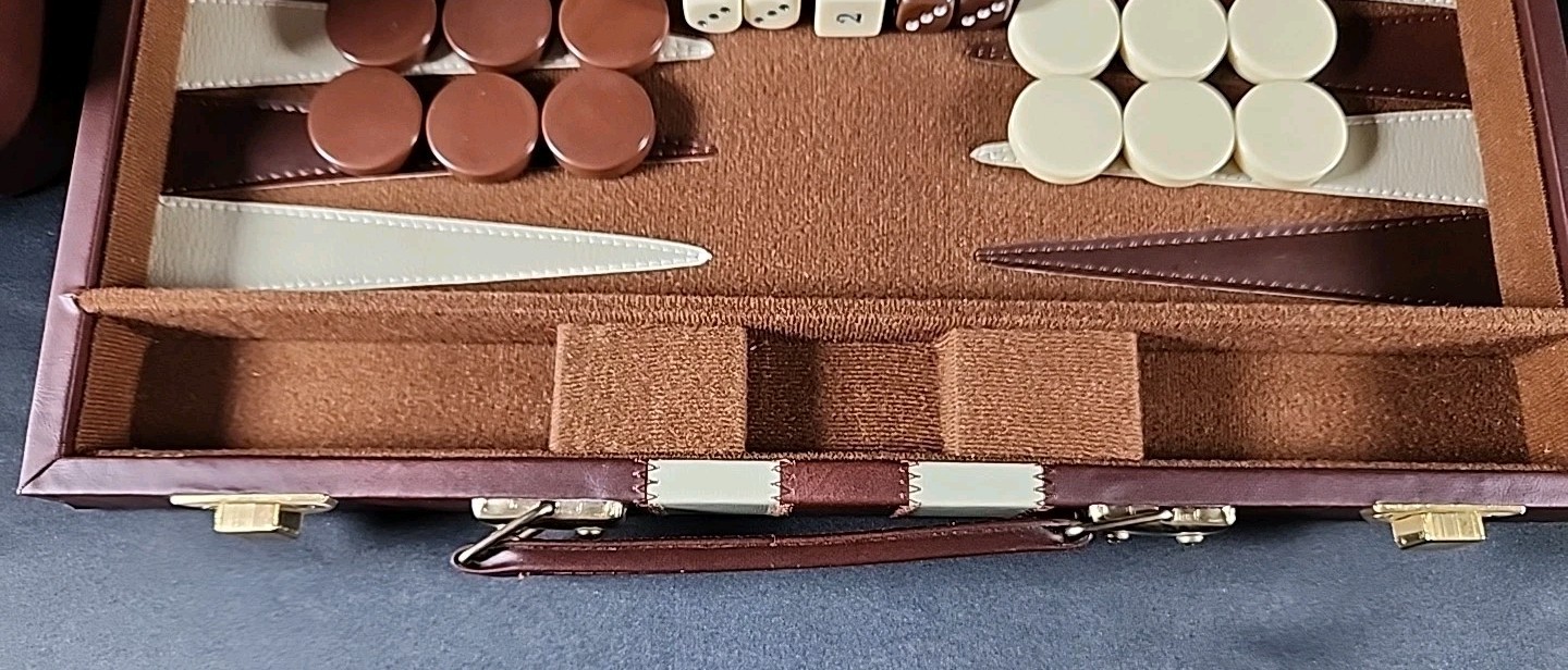 Vintage Backgammon Set Travel Case Leatherette Complete w Dice Cups 1950s 60s