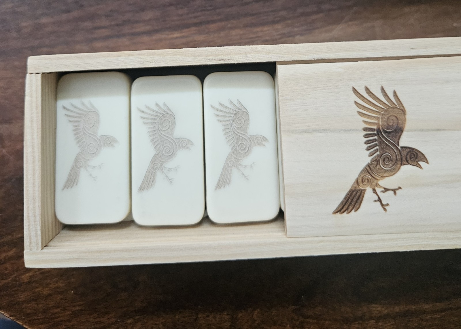 Double 6 Domino Set of CELTIC RAVEN Dominoes BLACK or IVORY