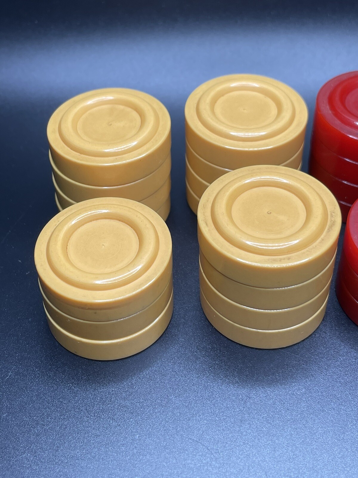 29 Vintage Bakelite RED & CREAM Backgammon Checker Pieces Set (1 missing)
