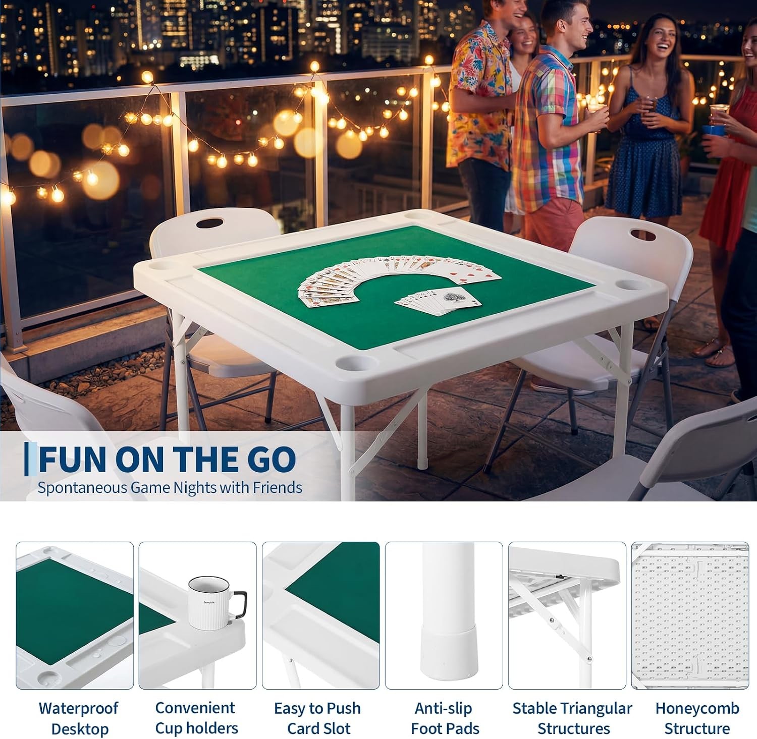 Mahjong Table 4Player Folding Card Table w/Cup Holders&Trays,HDPEwater-resistant
