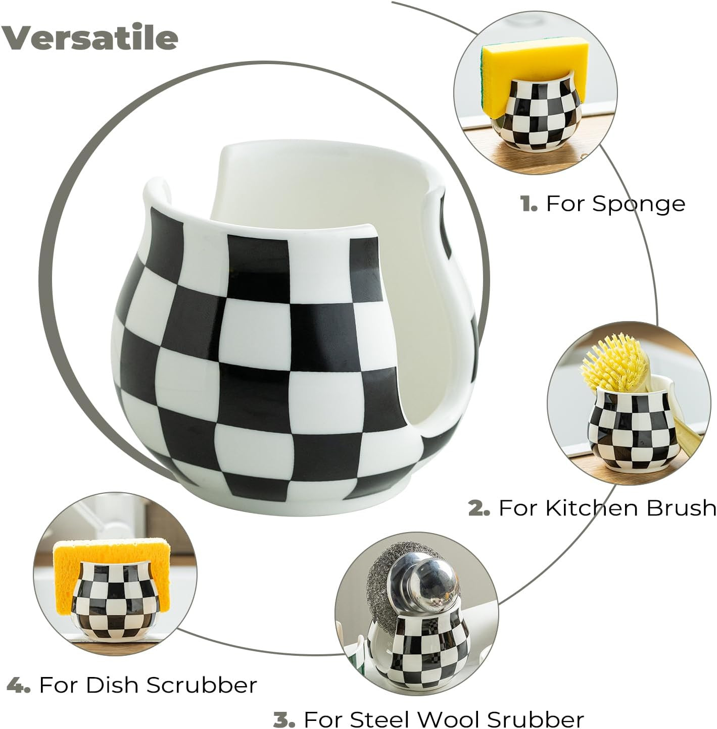 Checkered Sponge Holder for Kitchen Sink, Ceramic Dish Sponge Dish Rack Scrubby