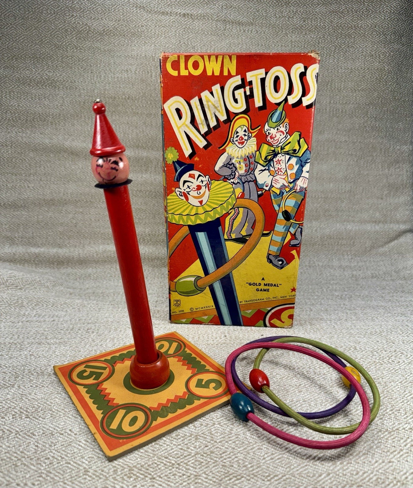 Transogram Clown Ring-Toss Game 1950s Complete w/Box Pole Rings Vintage