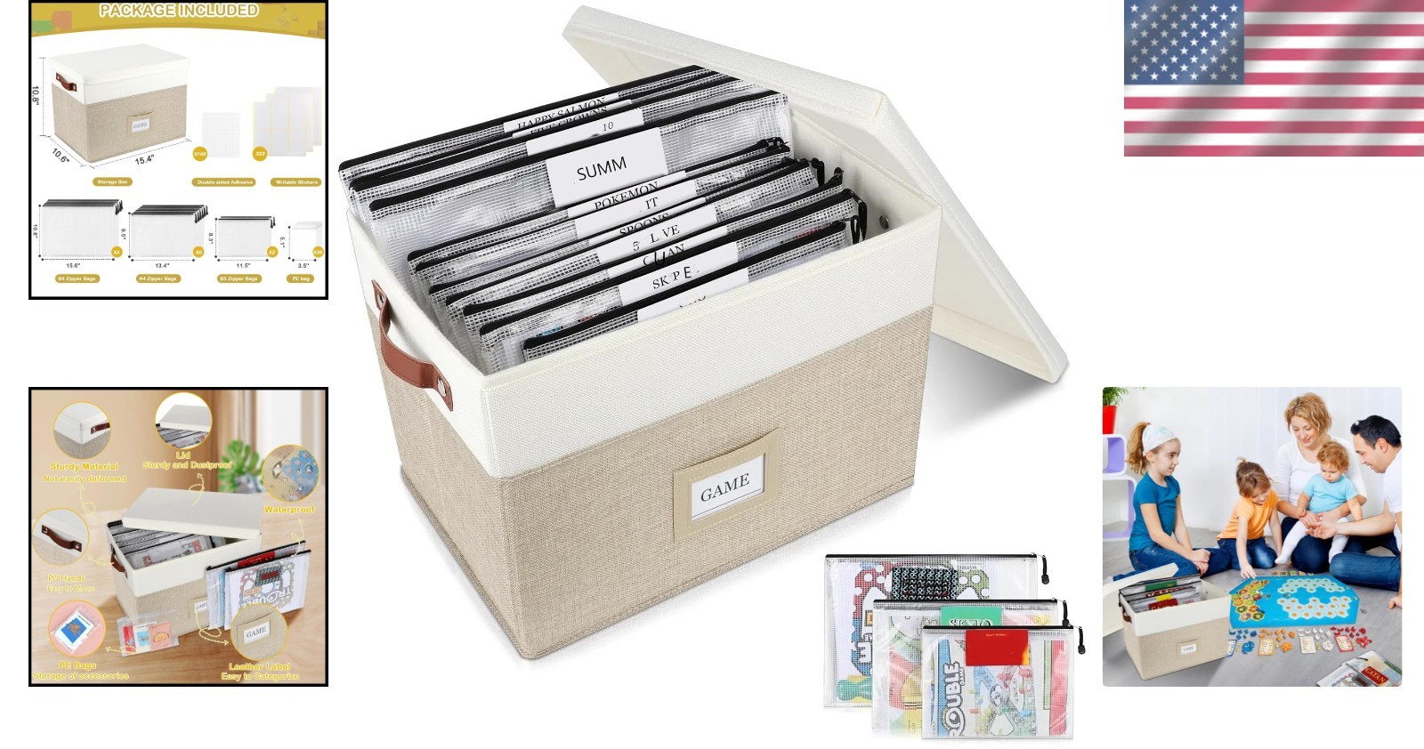 Elegant Board Game Storage with 12 Zipper Bags & Custom Stickers – Modern Design