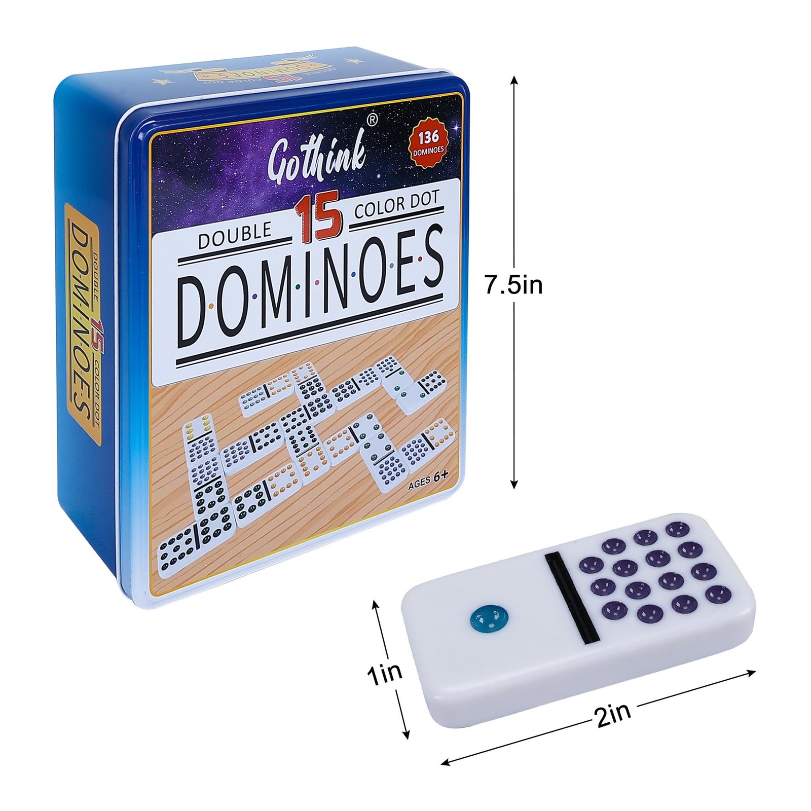 Double 15 Dominoes Set for Adults – Classic 136 Tiles Colored Dots Double Fif…