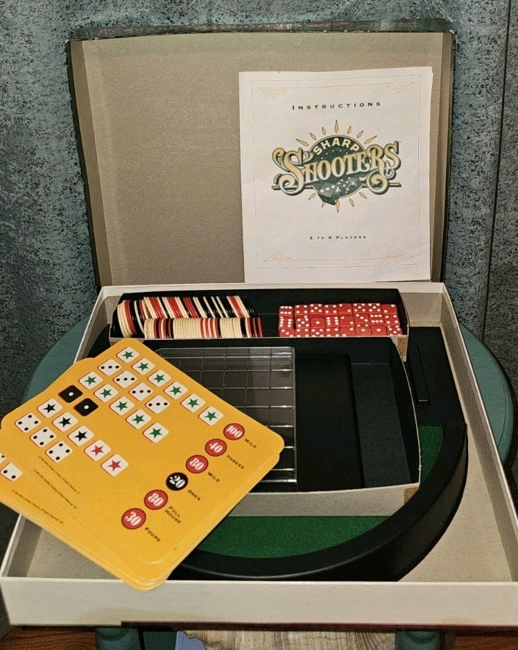 Sharp Shooters Board Game Milton Bradley 1994 Complete Dice Poker Chips Cards