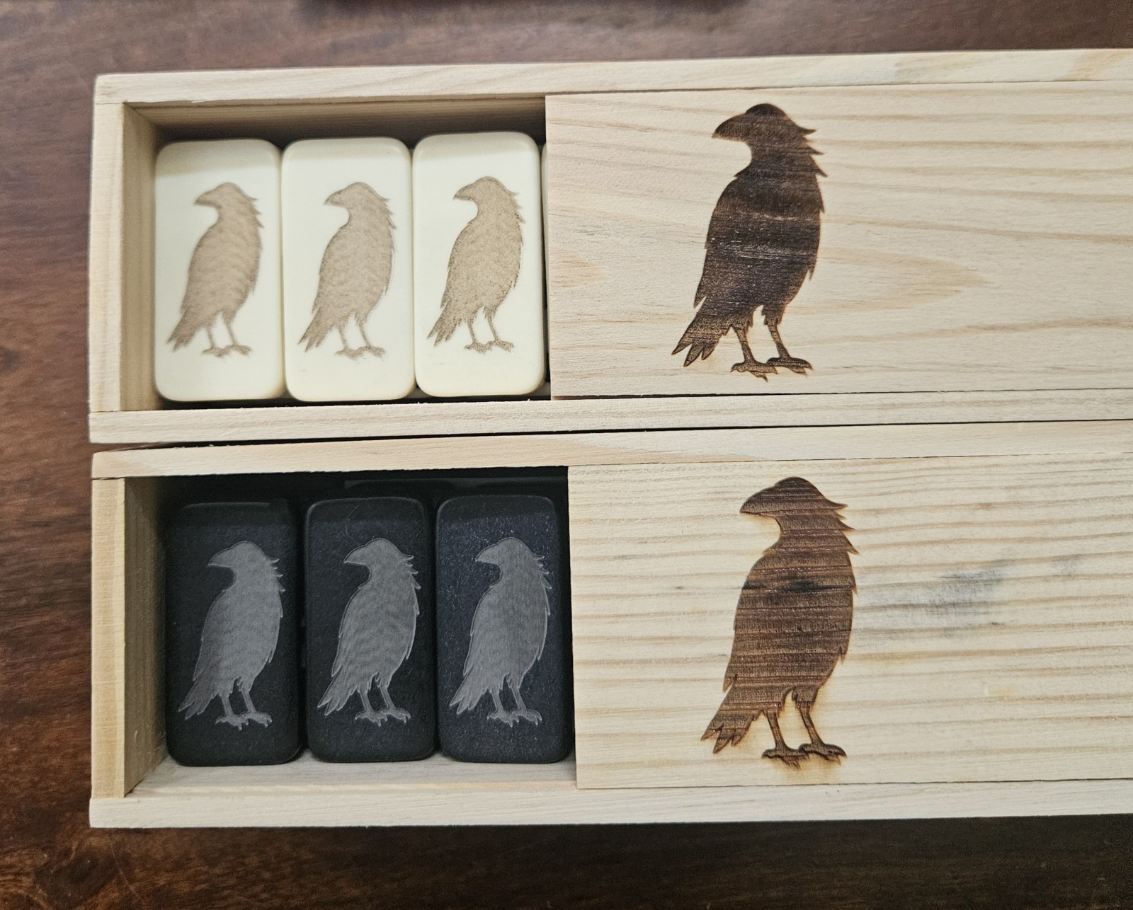 Double 6 Domino Set of RAVEN SILHOUETTE Dominoes BLACK or IVORY