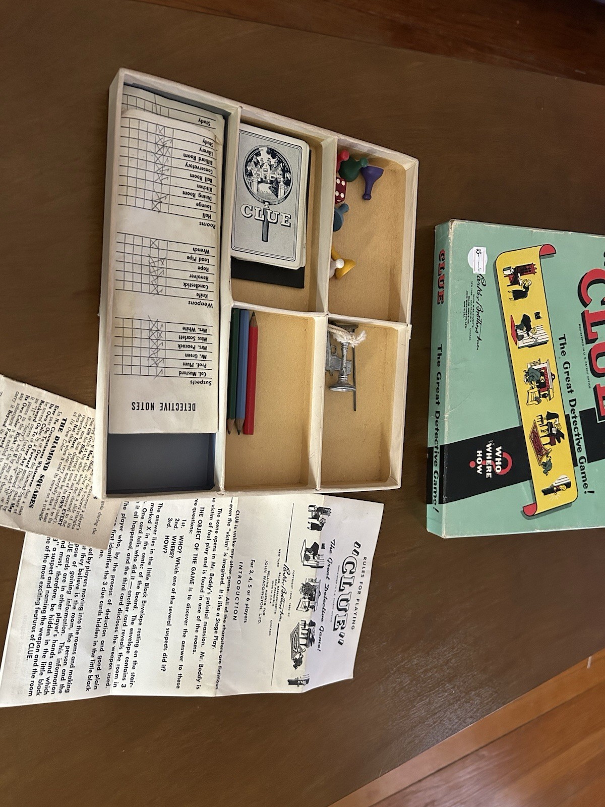 Vintage Clue Board Game Parker Brothers Yel/Blue Box 1949 Early Edition Incom.