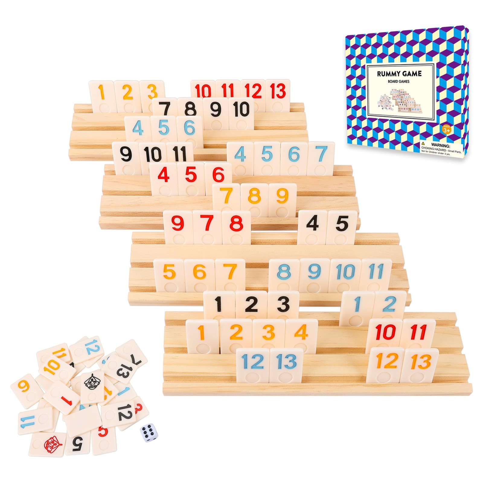 Upgraded Rummy Cube Game with 106 Large Number Rummy Tiles Set, 4 Wooden Racks &