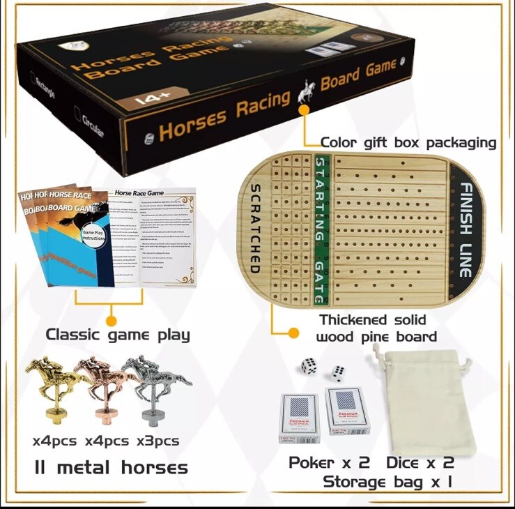 Horse Race Board Game Racing Game Thickened Solid Wood with 11 Luxurious New