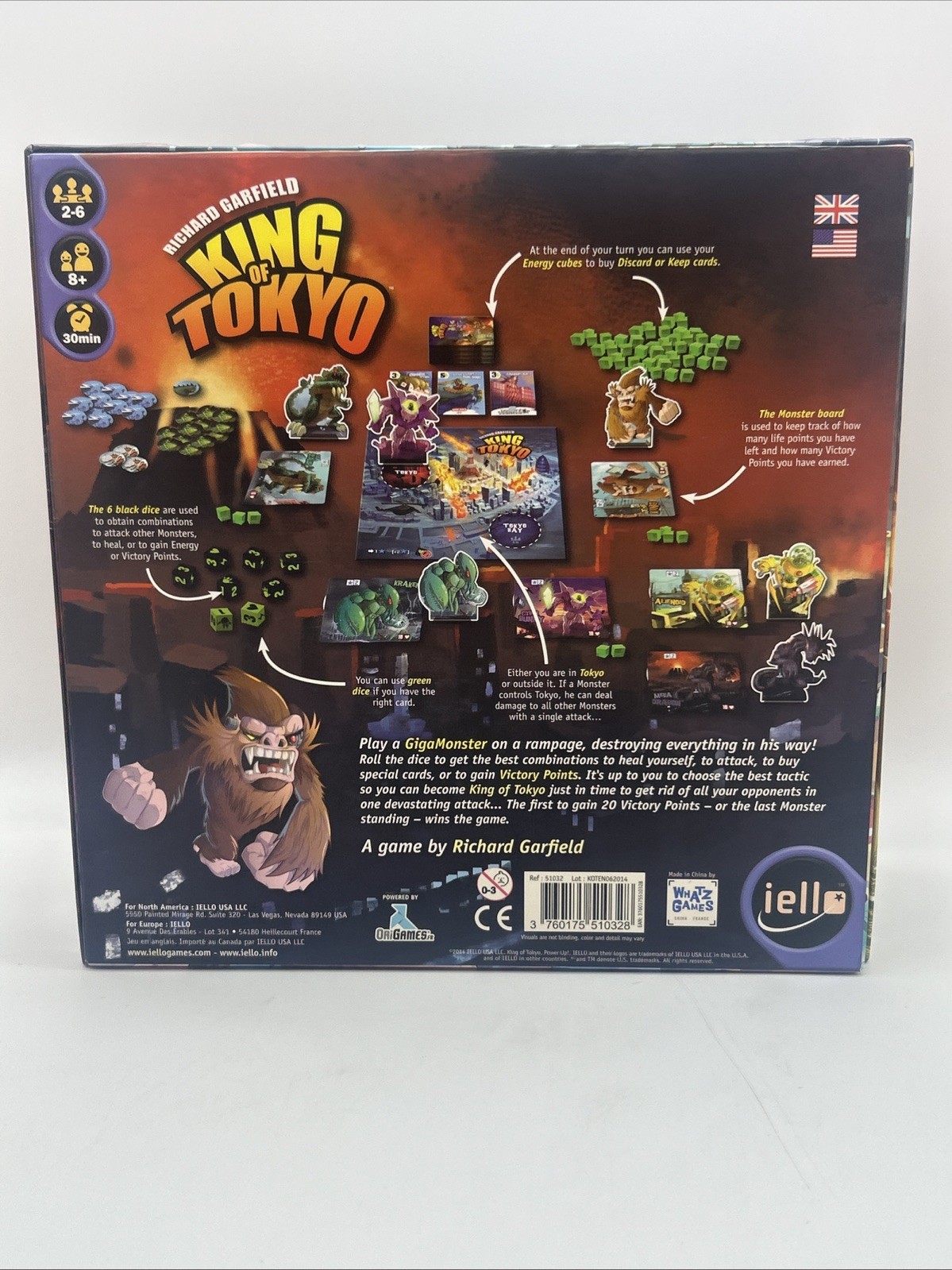 King of Tokyo Board Game 100% COMPLETE Iello 2015 GigaMonster Richard Garfield