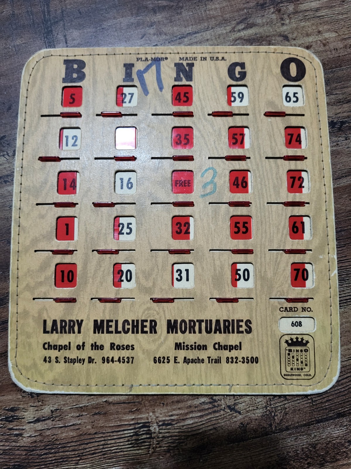 Larry Melcher Mortuaries Mesa Arizona Vintage Bingo Pla-Mor Card 1950’s 60’s !!