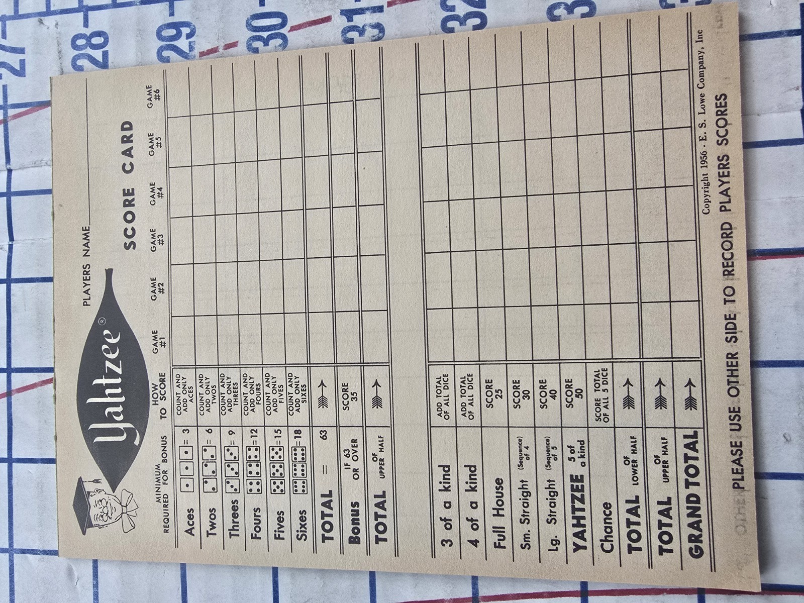 VTG Vintage 1950’s-60’s Yahtzee – Score Pads (4) – in Original Box E.S. Lowe Co