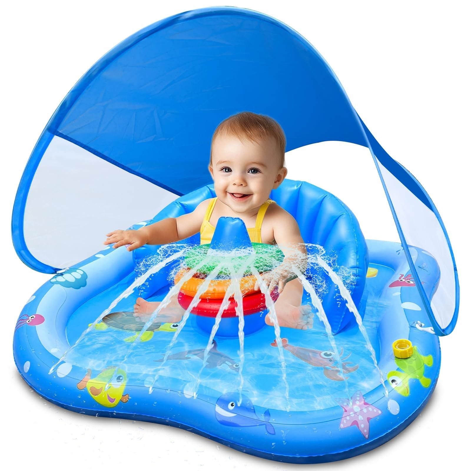 Inflatable Baby Pool Float with Canopy Backrest & Stackable Rings Water iGeeKid