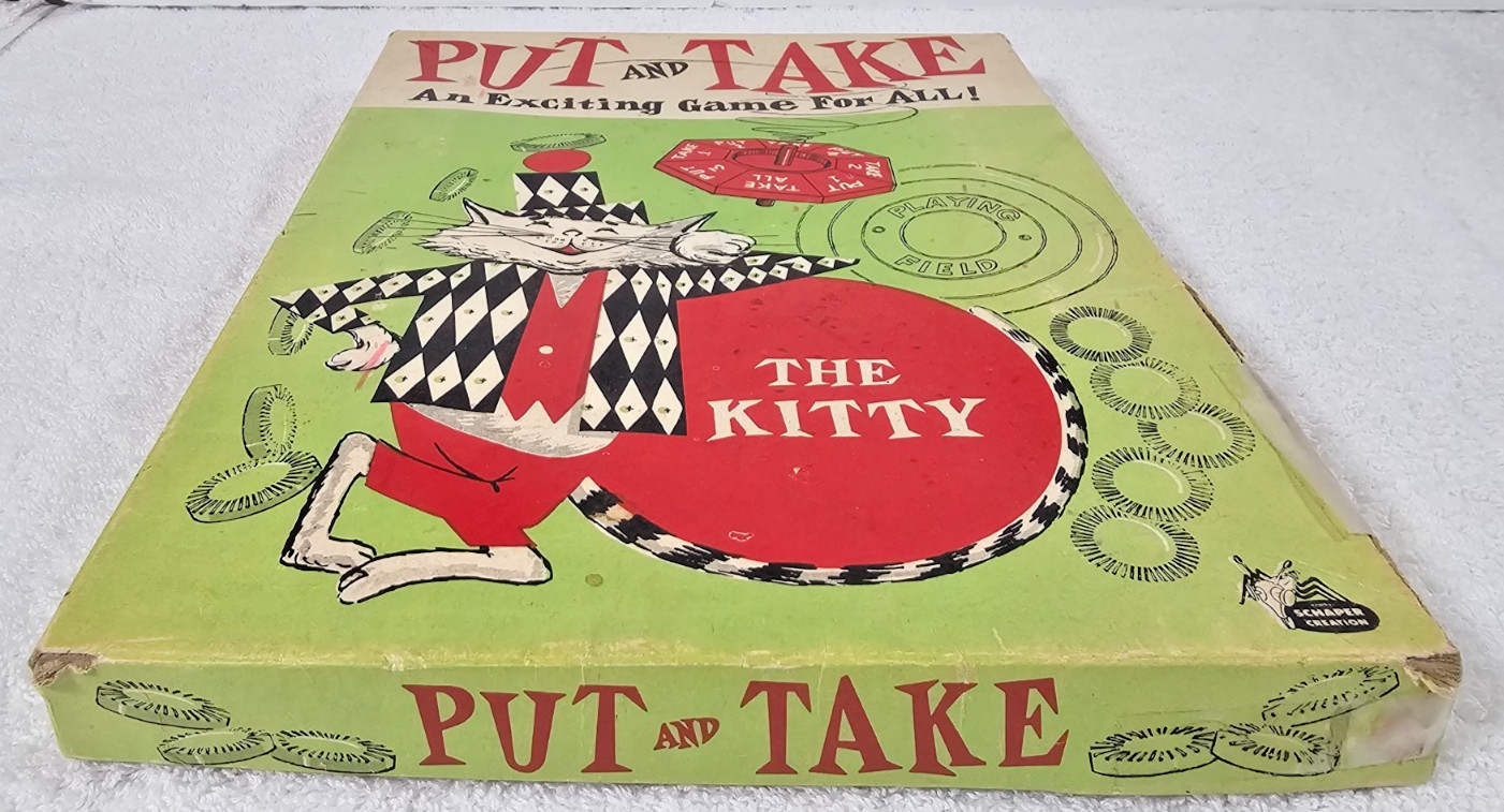 1956 Schaper “Put and Take – The Kitty” Board Game Complete Spinner & Chips VTG