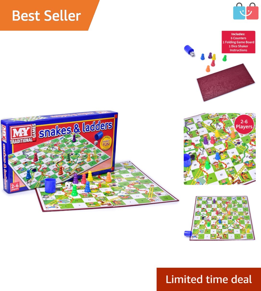 Traditional Snakes & Ladders Game – Foldable Board for 2-6 Players, Ages 3+