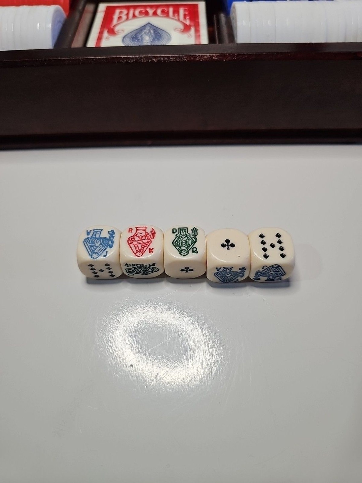 Bicycle Poker Set 1 Sealed Deck 10 Dice Red, Blue and White Chips Wood Box Glass