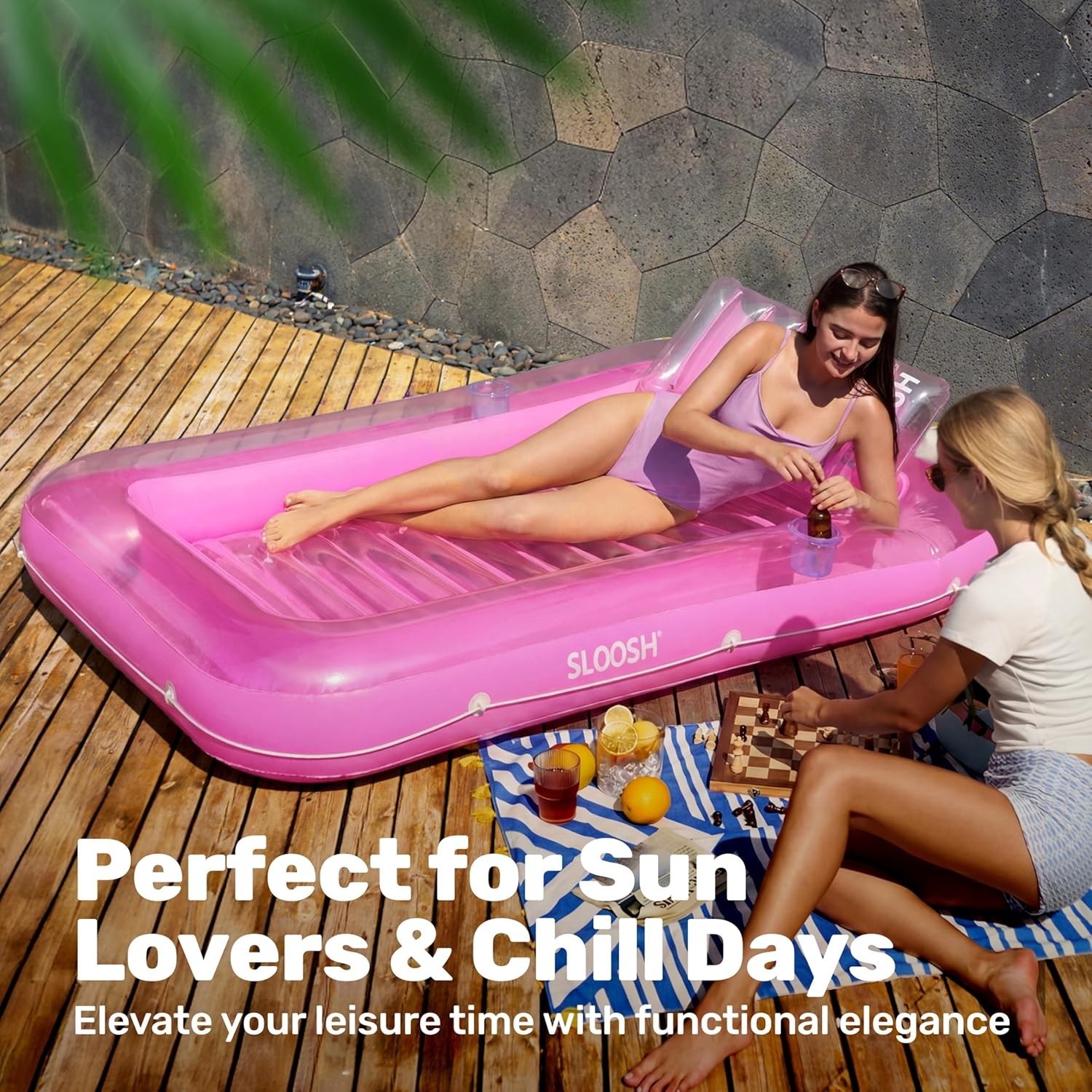 Pool Float Lounger 70 x 46 Inflatable Tanning Bed Large Pink SLOOSH Floats Adult