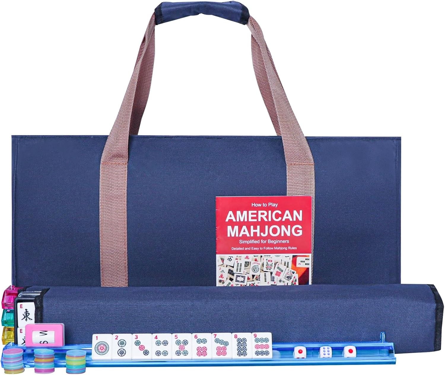 166 Blue American Printed Mahjong Game Set with Carrying Bag and Accessories, 1.