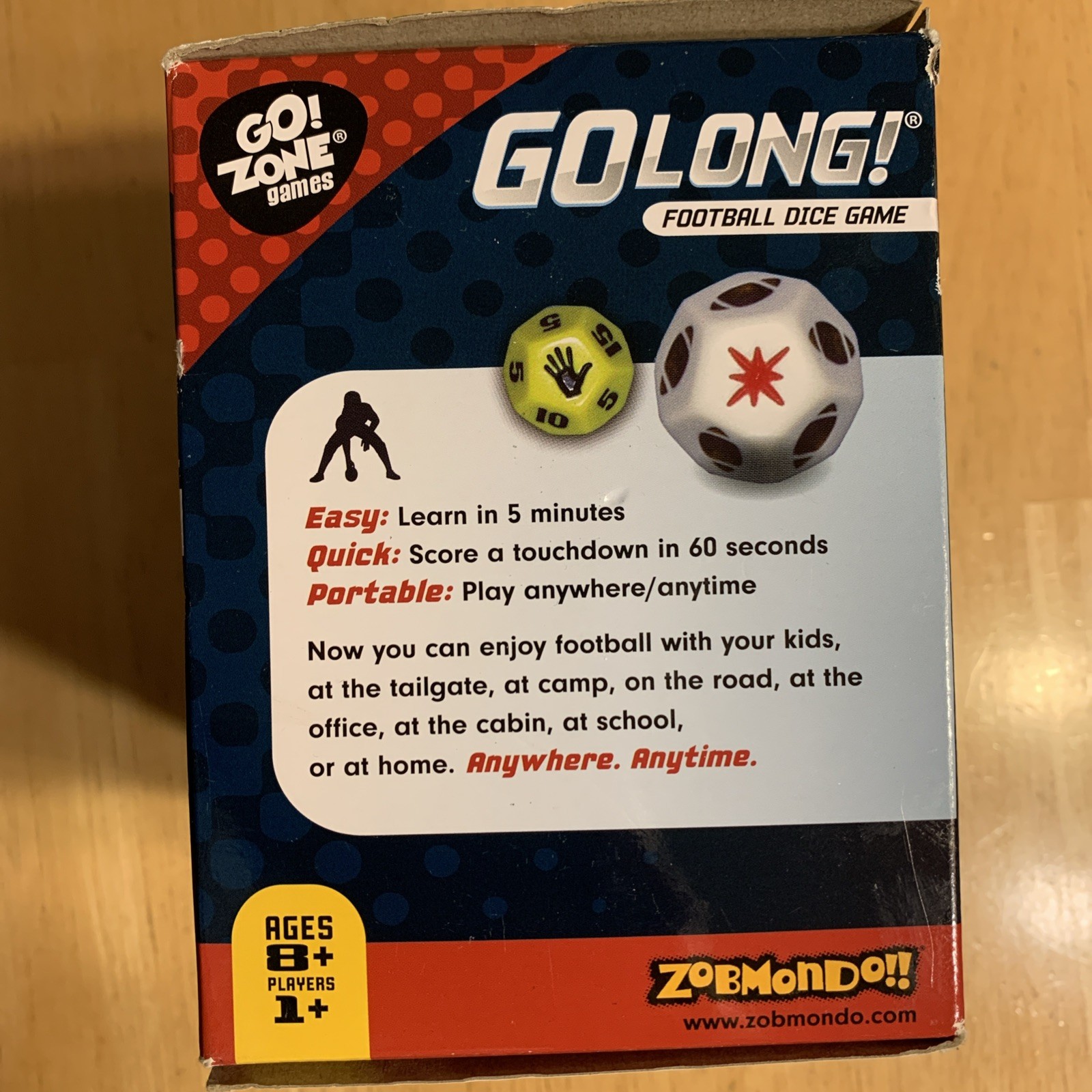 GO LONG! Football Dice Game Zobmondo!! Travel Bag, 8 Dice, Score Cards, Rules