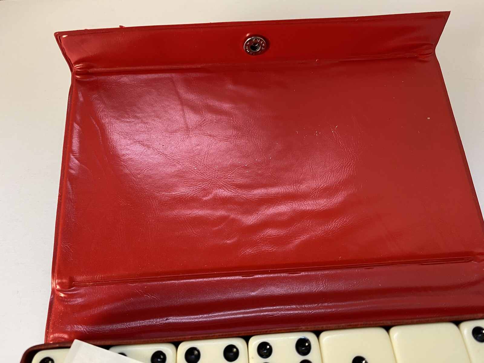 Dominoes Cardinal 28 Ivory White Pieces w/ Red Vinyl Case, instructions, box~Vtg