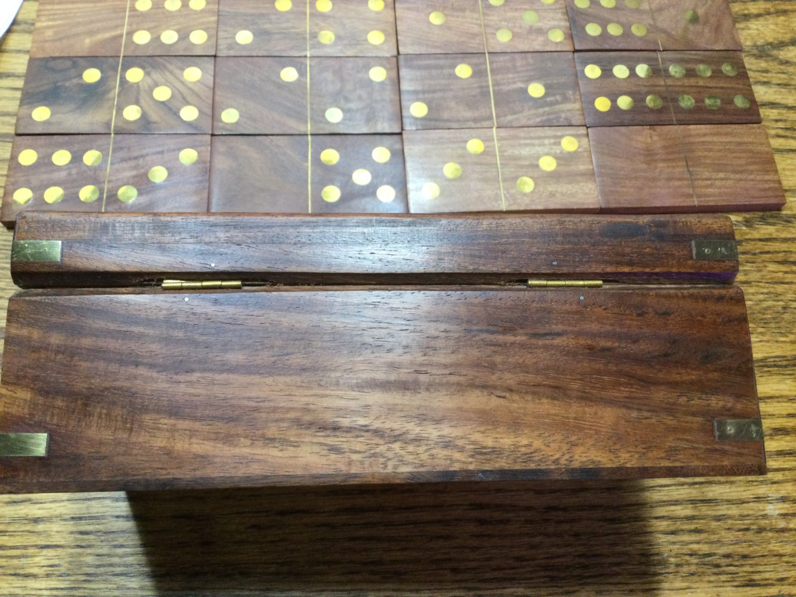 Wooden Domino Set with 28 Brass Inlay on 4″ x 1 7/8″ Tiles & Storage Box