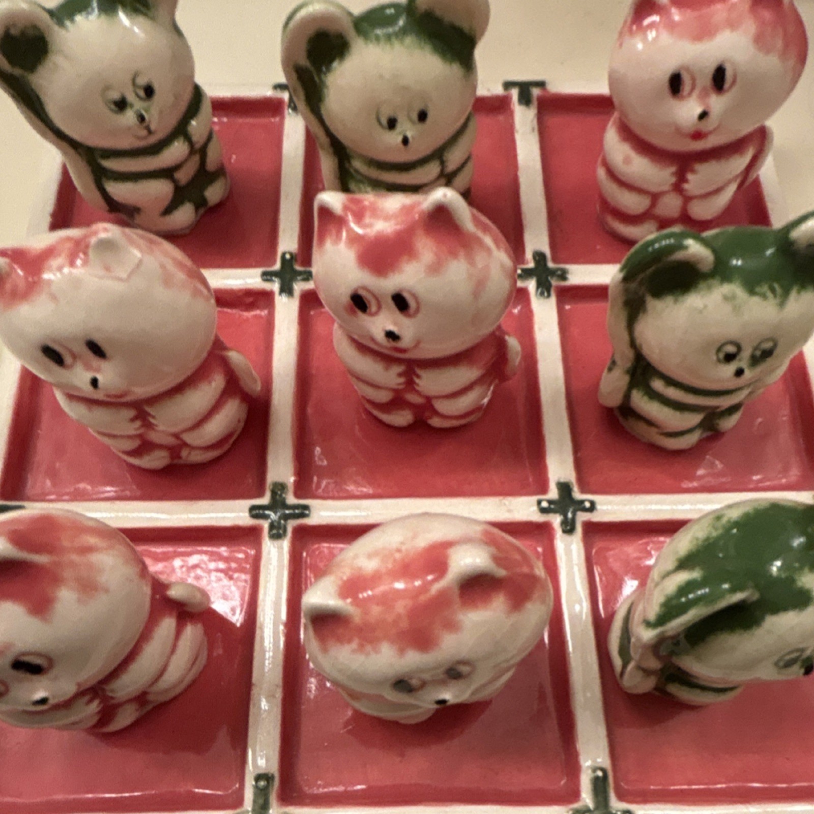 Ceramic Tic Tac Toe Board Game with Cat & Bear Figurines, Vintage Style