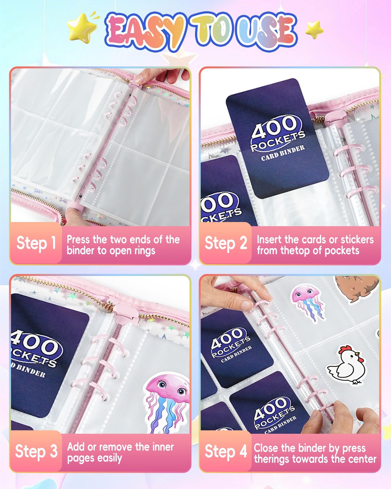 Loiuvos 4 Pocket Card Binder for Girls with 20 Stickers, A5 4-Pocket, A Pink