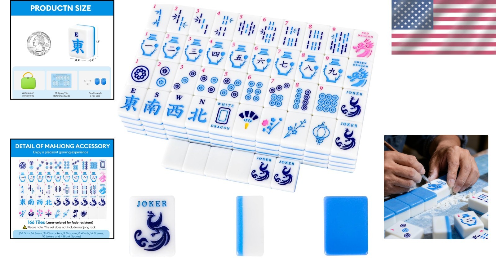 American Mahjong Tile Set, 166 Quality Engraved Tiles Blue Back w Bag,Dice,Chips