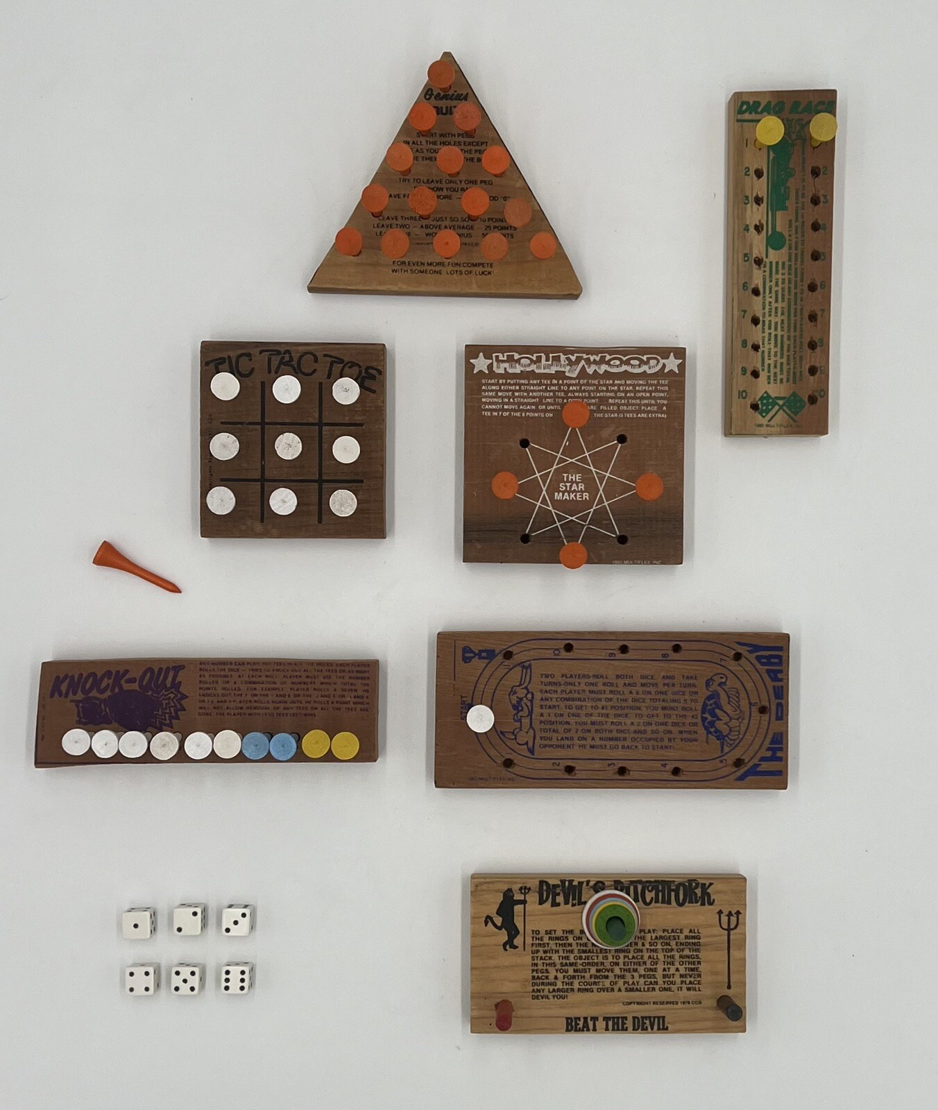 Vintage Solid Wood Travel Brain Teaser Sports Games With Pegs And Dice Lot Of 7