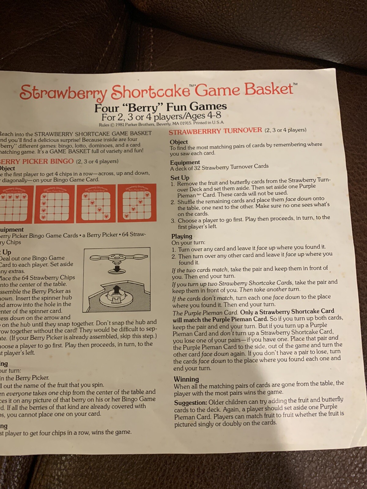 Vintage Strawberry Shortcake Game Basket 4 Berry Fun Games 1981 Parker Bros RARE