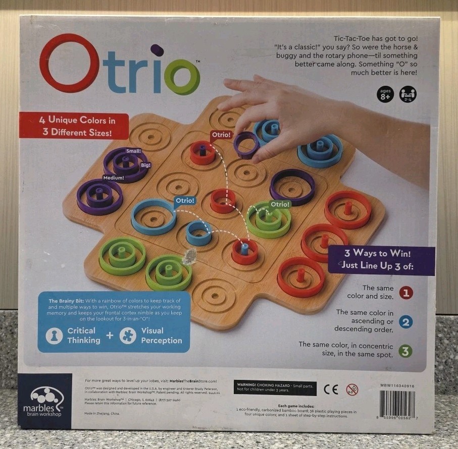 Otrio Deluxe Game Bamboo Wood Board Marbles Brain Workshop Complete