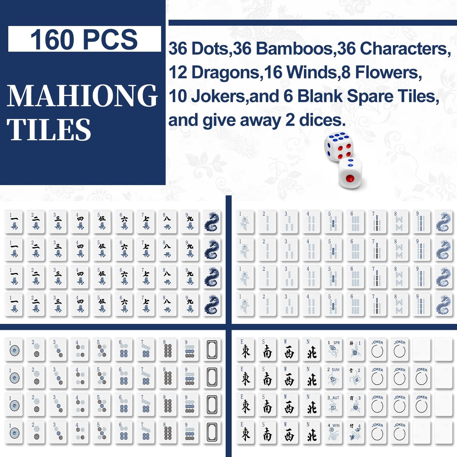 Soulchen 160 Chinoiserie Blue Porcelain American Mahjong Tile Set with Acryli…